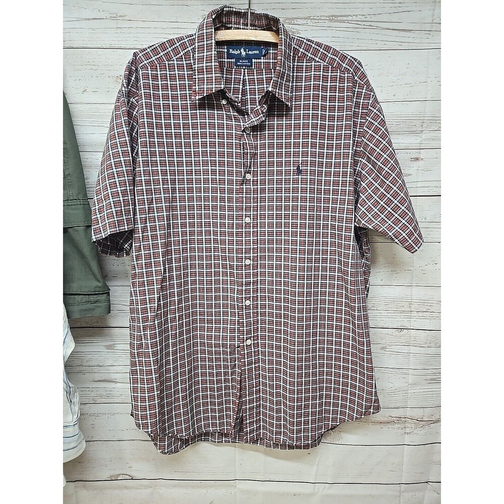 Ralph Lauren Button Down Short Sleeve Blake Red Green Plaid Shirt‎ Men's Large